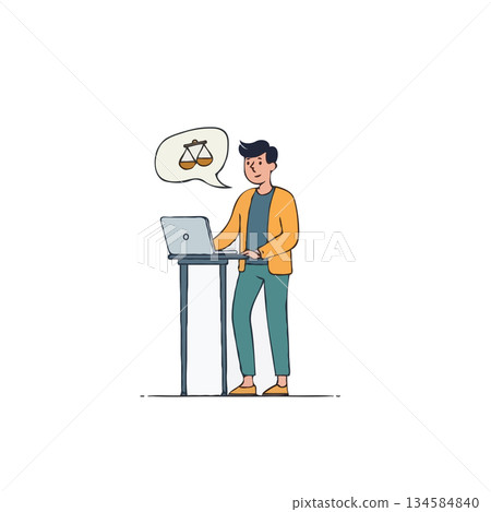 Man working on laptop with scales icon representing law and justice professional services online 134584840