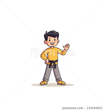 Enthusiastic karate kid demonstrating confidence and sporting a proud black belt in his martial Enthusiastic karate kid demonstrating confidence and sporting a proud black belt in his martial 134584855