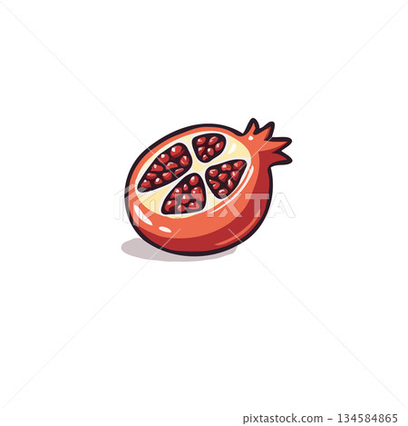 Artistic depiction of a halved pomegranate showcasing vibrant seeds within a stylized drawing 134584865
