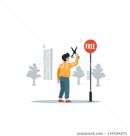 Person cutting free advertisement with scissors, symbolizing freedom from promotional constraints Person cutting free advertisement with scissors, symbolizing freedom from promotional constraints 134584873