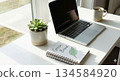 A natural office with a laptop and potted plants 134584920