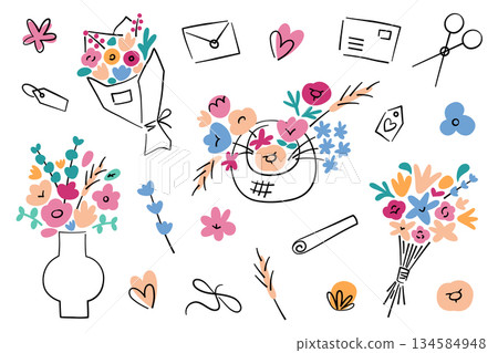 Flat cartoon vector illustration set of bouquets and flowers in vases with florist tools, scissors, ties, envelopes and cards, flower shop theme, romantic Valentine mood for greetings and gift designs 134584948