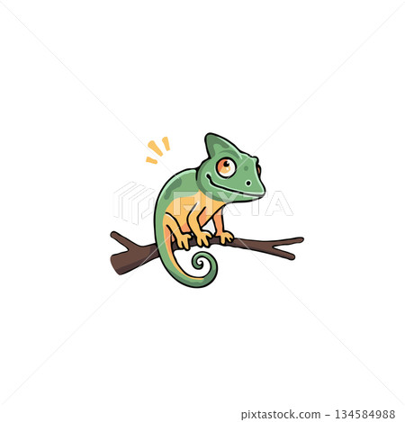 Adorable green chameleon perched elegantly on a twig casting a cheerful glow its vibrant colors a 134584988