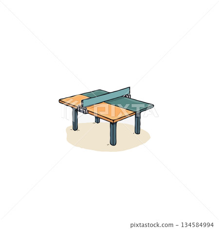 Whimsical illustration featuring a cartoon ping pong table evoking leisure activity with geometric Whimsical illustration featuring a cartoon ping pong table evoking leisure activity with geometric 134584994