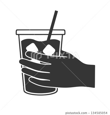 Silhouette icon of a hand holding iced coffee Silhouette icon of a hand holding iced coffee 134585054