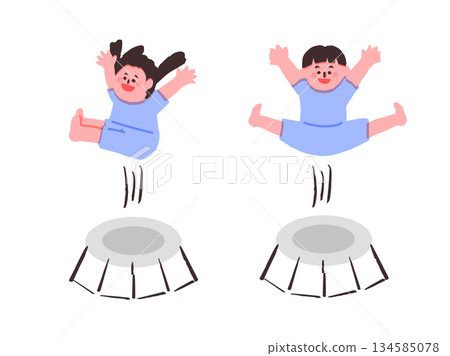 一個孩子在彈跳床上玩耍的插圖 134585078