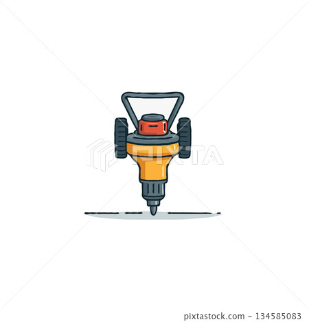 Stylized construction equipment illustration featuring compact rammer for soil compaction and 134585083