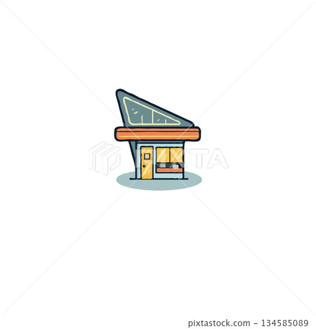 Stylized storefront illustration showcasing modern architectural design elements and vibrant color 134585089