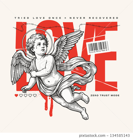 Grunge Typographic Design With Vintage Cupid 134585143