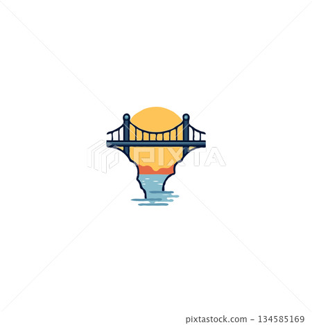 Minimalist stylized bridge silhouette atop a geological formation during sunset reflected in the Minimalist stylized bridge silhouette atop a geological formation during sunset reflected in the 134585169