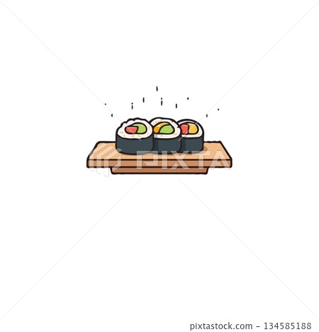 Minimalist sushi assortment illustration, showcasing traditional rolls on wooden plate conveying 134585188