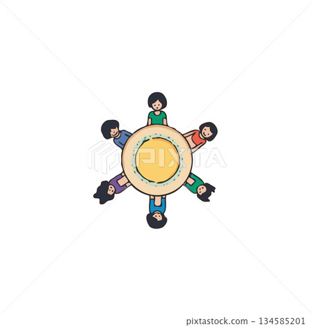 Group of individuals gathering around a circular table for collaboration discussion and sharing Group of individuals gathering around a circular table for collaboration discussion and sharing 134585201
