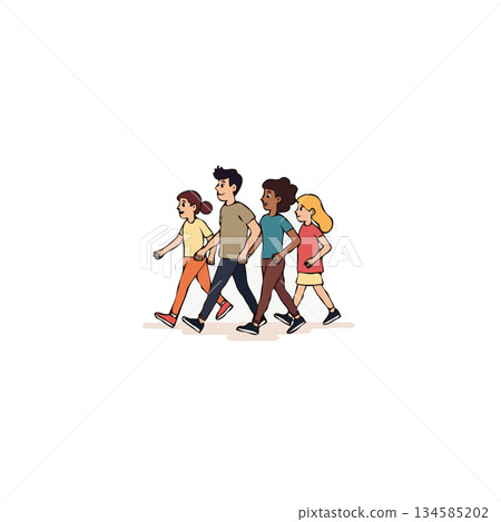 Diverse group walking together in a lively manner, promoting unity and togetherness with shared Diverse group walking together in a lively manner, promoting unity and togetherness with shared 134585202