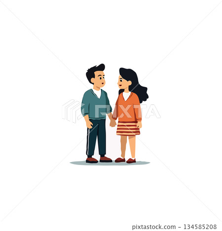 Young couple holds hands while looking at each other displaying affection and connection in Young couple holds hands while looking at each other displaying affection and connection in 134585208