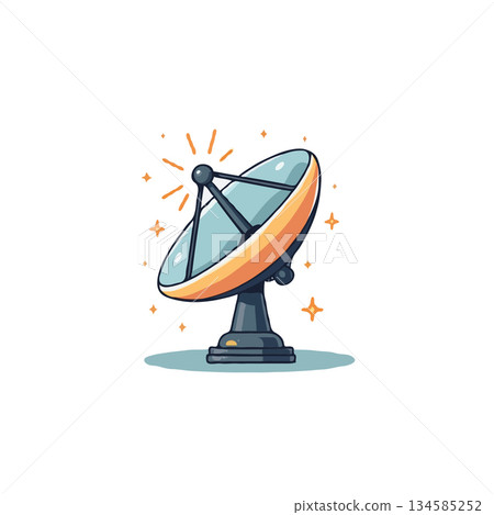 Stylized illustration of a satellite dish radiating signals and reflecting scientific 134585252