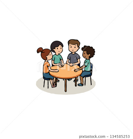 Illustration depicting a small diverse group of children engaged in a collaborative activity Illustration depicting a small diverse group of children engaged in a collaborative activity 134585253