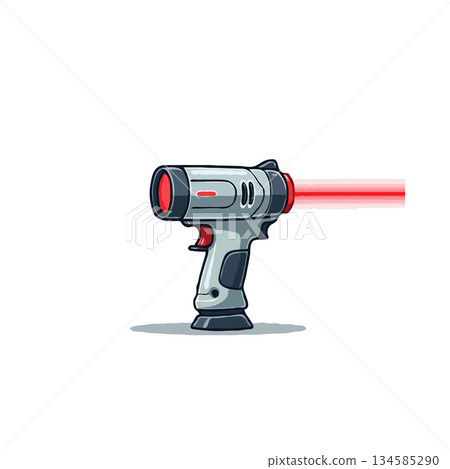 Futuristic illustration depicting a laser gun emitting a beam of intense red light against a stark Futuristic illustration depicting a laser gun emitting a beam of intense red light against a stark 134585290
