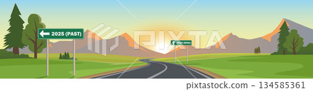 Landscape winding of asphalt road leading to 2026. Green signs point to 2025 Past and 2026 Goal against a sunrise mountain background. Concept for New Year success and future planning. Landscape winding of asphalt road leading to 2026. Green signs point to 2025 Past and 2026 Goal against a sunrise mountain background. Concept for New Year success and future planning. 134585361