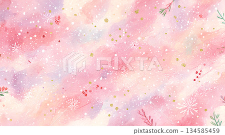 粉紅水彩冬季背景，點綴著金色閃光顆粒 134585459