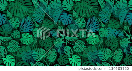 Abstract minimal monstera leaves plant on a dark background. Modern vector illustration in continuous line art style. Botanical seamless pattern for summer design Abstract minimal monstera leaves plant on a dark background. Modern vector illustration in continuous line art style. Botanical seamless pattern for summer design 134585560