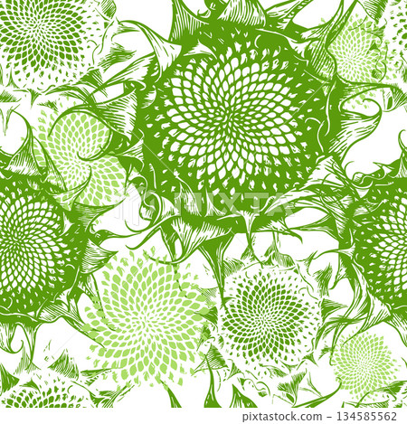 Green abstract background. Flower prints. Hand drawn. Not AI, vector illustration Green abstract background. Flower prints. Hand drawn. Not AI, vector illustration 134585562