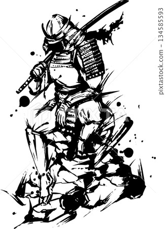 一幅武士坐在岩石上的水墨畫插圖 一幅武士坐在岩石上的水墨畫插圖 134585593
