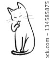 Illustration of a white cat sitting and grooming itself 134585875