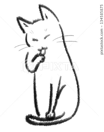 Illustration of a white cat sitting and grooming itself 134585875