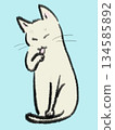 Illustration of a white cat sitting and grooming itself 134585892