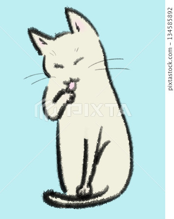Illustration of a white cat sitting and grooming itself 134585892