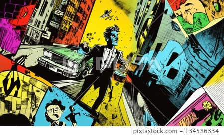 Graffiti drawing of a man in a suit at busy city. Vector illustration. 134586334