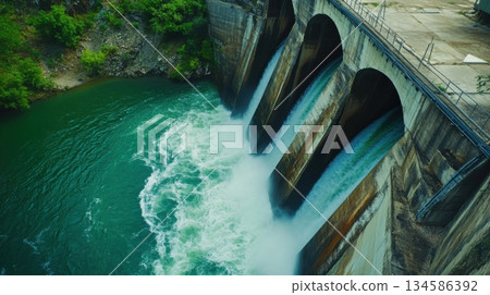 Aerial view hydroelectric power station. 134586392