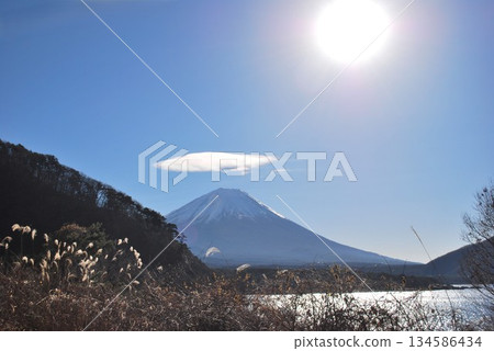 Mount Fuji, the sun and Japanese silver grass at Lake Motosu Mount Fuji, the sun and Japanese silver grass at Lake Motosu 134586434