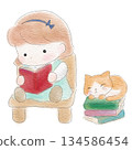 A girl reading a book and a cat relaxing 134586454
