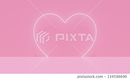 粉紅色的舞台背景，配有閃亮的心形LED燈框。具有景深的攝影棚房間的CG插圖。 134586690