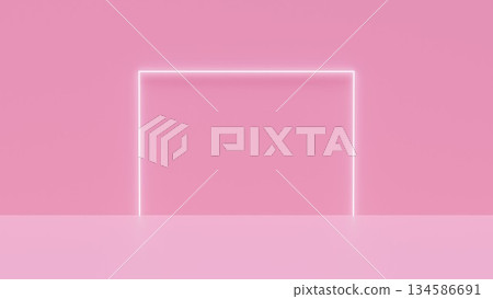 粉紅色舞台背景，配有閃亮的方形LED燈框。具有景深的攝影棚房間CG插圖。 134586691