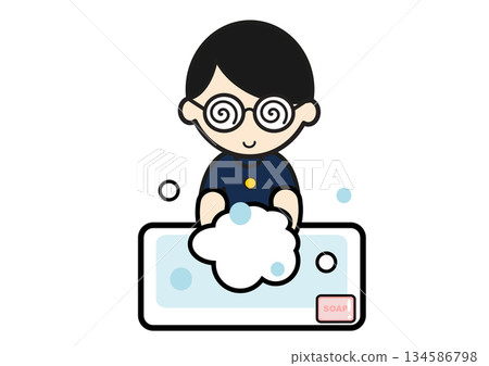 Illustration of a male student wearing glasses and wearing a uniform washing his hands Illustration of a male student wearing glasses and wearing a uniform washing his hands 134586798