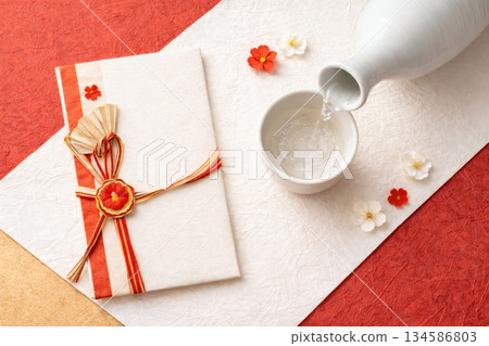 Celebration: Japanese sake and gift envelopes 134586803