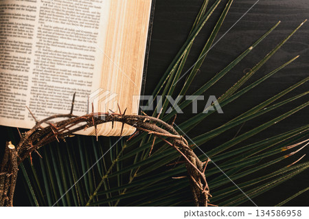 crown of thorns above an open Bible with palm leaves, symbolizing Christian faith, Palm Sunday ritual, sacrifice and Easter reflection for worship and prayer concepts. 134586958