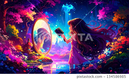 森林裡的鏡子和女孩 134586985