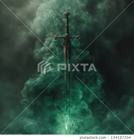 Mystical sword emerging from swirling green mist in an enchanted realm Mystical sword emerging from swirling green mist in an enchanted realm 134587204