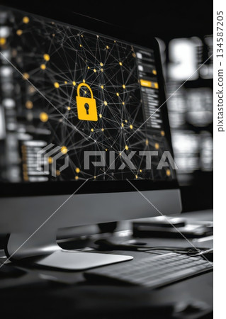 Digital security network with locked padlock symbol, emphasizing online protection and privacy 134587205