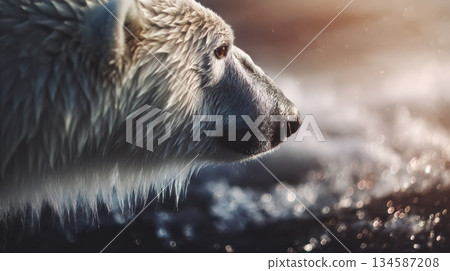 Polar bear gazes into the frosty horizon on a windy arctic day filled with shimmering ice droplets 134587208