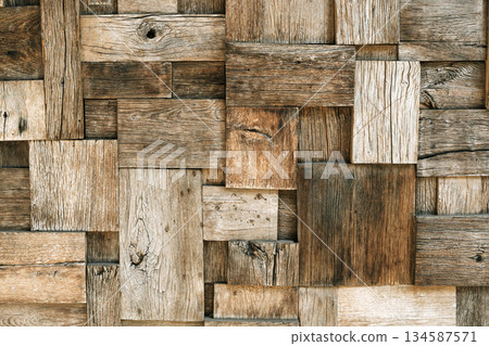 Rustic Reclaimed Wood Block Wall Texture Background 134587571