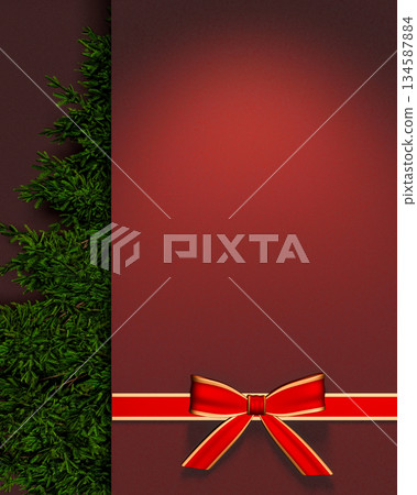 Red and golden bow ribbon tying around the wall aside green pine tree Christmas xmas card template. 134587884