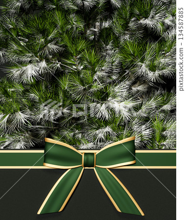 Green and golden bow ribbon on dark color strip below snowy pine tree Christmas xmas card template. Green and golden bow ribbon on dark color strip below snowy pine tree Christmas xmas card template. 134587885