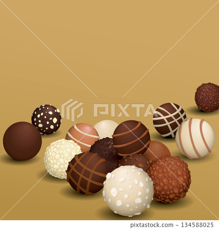 Various chocolate balls on golden background graphic illustration have blank space. 134588025