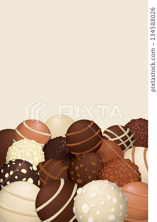 Various chocolate balls on cream vertical background graphic illustration have blank space. Various chocolate balls on cream vertical background graphic illustration have blank space. 134588026