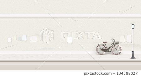 Cityscape with a bicycle leaning against an old wall on the sidewalk graphic illustration have blank space. Cityscape with a bicycle leaning against an old wall on the sidewalk graphic illustration have blank space. 134588027