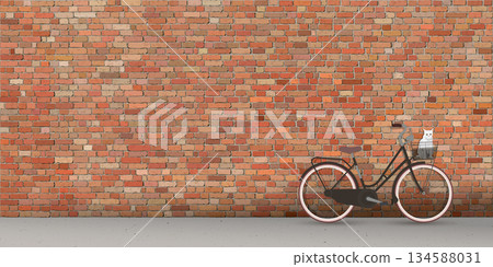 A bicycle leaning against an old brick wall on the sidewalk have a cat in basket graphic illustration have blank space. 134588031